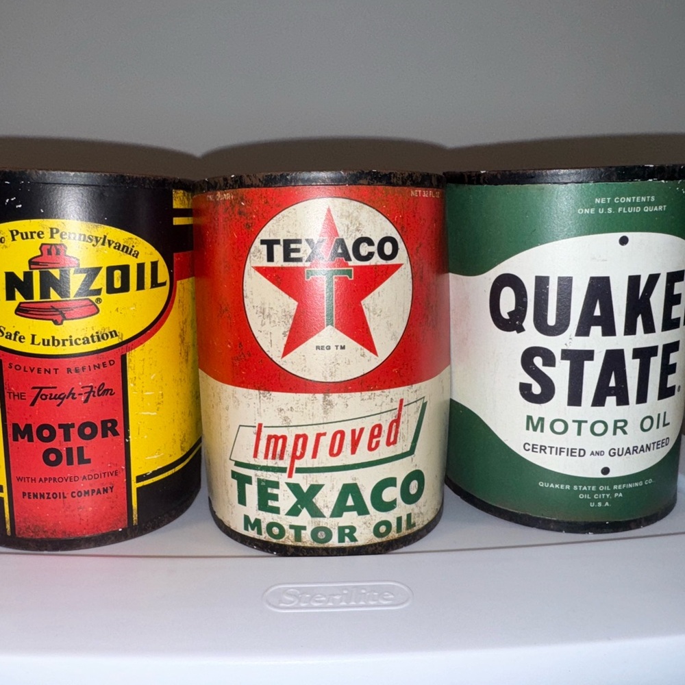 Vintage Pennzoil, Texaco, Quaker State Motor Oil Replica half Cans